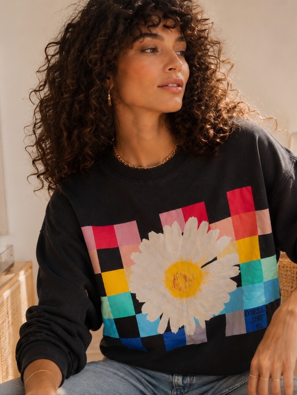 O'Neill Daisy Graphic Sweatshirt Black Rainbow Checkerboard Pullover Small